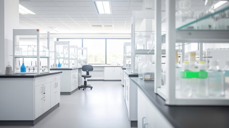 Scientific laboratory interior, research facilty, with white shelves and benches, modern design, AI generativeの素材