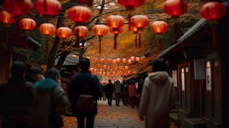 An alley of autumn maple trees in Japan adorned with paper lantern garlands, people walking away from camera in the background. AI generative.の素材