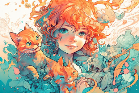 Little boy with ginger hair with his cat on a sunny day, watercolor AI generative portrait illustrationの素材