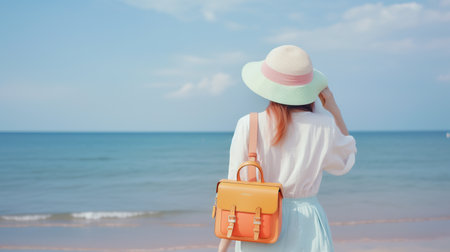 Young woman tourist in a summer outfit and hat is enjoying a leisurely stroll on the beach. The perfect summer day for an outdoor adventure, AI generative.の素材