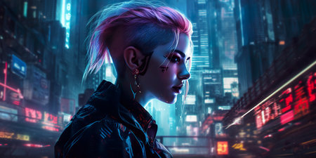 Stunning visual cosplay, visual kei style, kei-inspired artist in futuristic anti-utopian Asian city with neon ads, AI generativeの素材