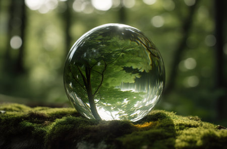 Earth Day April 22, beautiful reflections and magnified distorted leaves and trees in crystal glass ball in magnificent forest, AI generative imageの素材