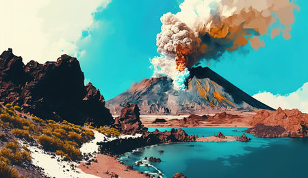 Famous volcanic eruption in Fuerteventura, Canary islands, Spain, imaginary volcano catastrophy on the island, AI generative illustrationの素材