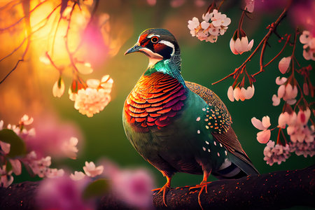 Green pheasant bird in beautiful pink flowers, magical creature, AI generative illustrationの素材