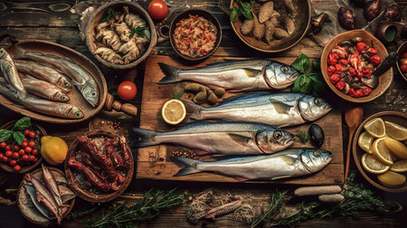 Set of traditional italian fish food on rustic wooden table, flat lay, top view, AI generativeの素材