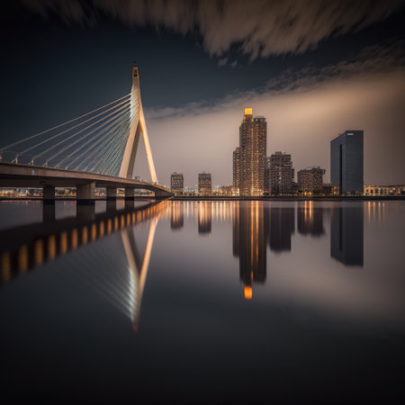 Rotterdam, Netherlands: The view of Rotterdam skyline from across the Maas River, AI generative imaginary cityscapeの素材