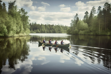 Group of teenagers canoeing on a serene lake in the Swedish wilderness, AI generativeの素材