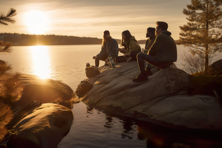 Group of tourists sitting on a rocky shore of a lake in Sweden, drinking coffee and chatting. They have just finished canoe trip and are taking a break to enjoy the scenery, AI generativeの素材