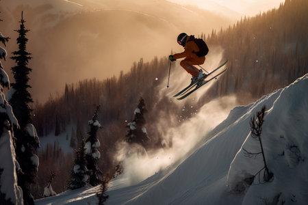 AI generative illustration of a skier flying off a jump, with mountains in the backgroundの素材