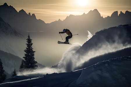 AI generative illustration of a skier flying off a jump, with mountains in the backgroundの素材