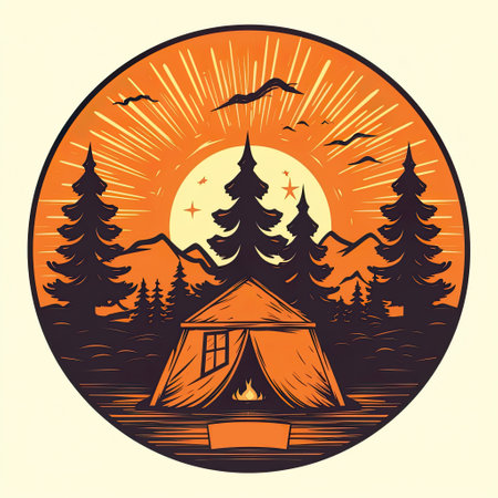 Camping tent in dark forest at night, AI generative flat illustration in orange, white and black colorsの素材