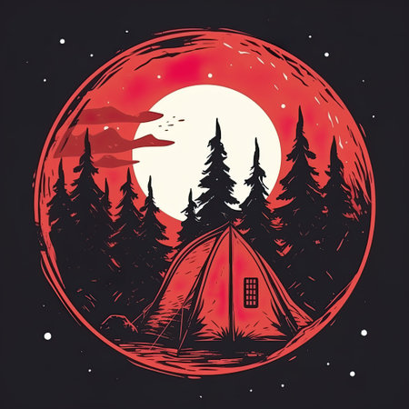 Camping tent in dark forest at night, AI generative flat illustration in red and black colorsの素材