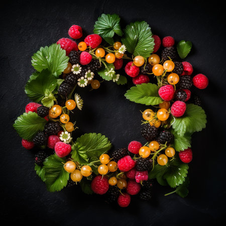Assorted summer berry in circle, wreath, symmetrical composition, AI generative food background on black stoneの素材