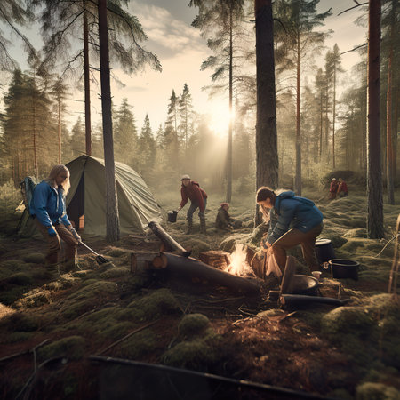 Group of tourists setting up tents in a lake shore with pine trees on sunset, AI generativeの素材