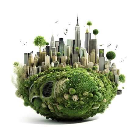 Green city skyline and lots of trees, parks and forests on futuristic landscape or planet, AI generative clipart on white backgroundの写真素材