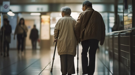Elderly person using a walking aid with a relative, caregiver in a hospital hallway, AI generative photorealistic illustrationの素材