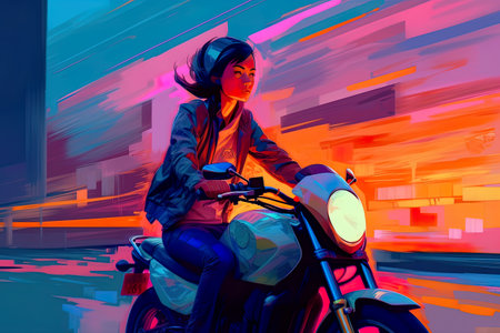 Young Asian female teenager on motorbike riding at sunset, AI generative artの素材