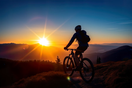 Cyclist riding bicycle at sunset in fields outdoors, AI generativeの素材