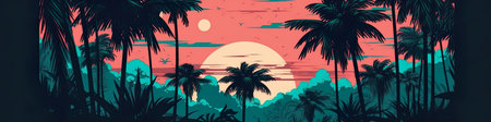 Exotic jungle illustration panoramic banner featuring lush foliage and vibrant wildlife, AI...