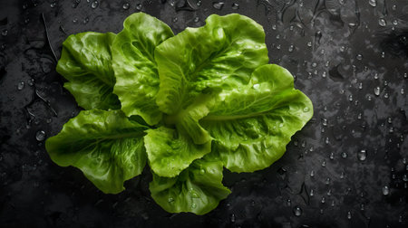 Lettuce leaves on black slate background, flat lay, top view, AI generativeの素材