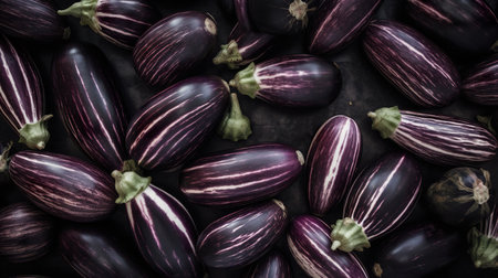 Striped Italian eggplants, flat lay, top view, AI generative food illustrationの素材