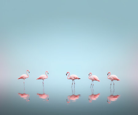 Row of pink flamingo reflected in a lake, AI generative minimal realistic illustrationの素材