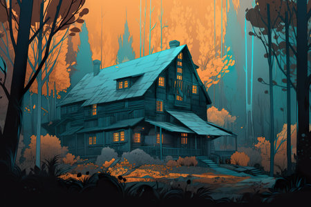 Modern house in dark forest under full Moon reflected in a lake, AI generative illustrationの素材