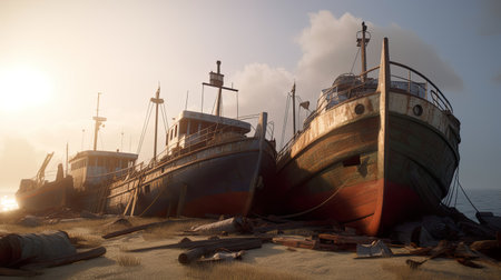 Rusty abandoned fishermen boats on shore, AI generative industrial landscapeの素材