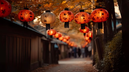 An alley of autumn maple trees in Japan adorned with paper lantern garlands, people walking away from camera in the background. AI generative.の素材