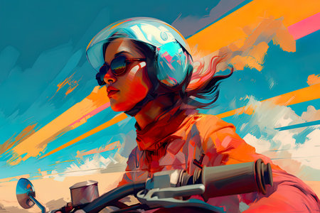 Portrait of women riding a motorbike on sunset, AI generative illustration in orange and cyan colorsの素材