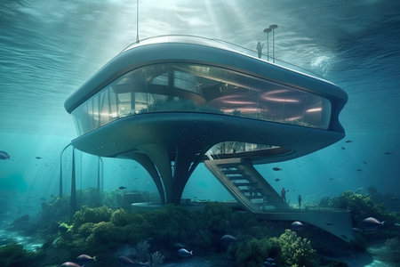 Futuristic underwater marine biology station or research facility, AI generativeの写真素材