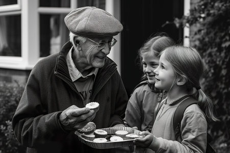 Grandparents and Young Family Sharing an Apple Pie, happy family reunion, AI Generativeの素材