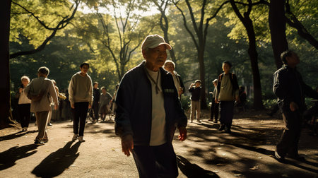 Elderly Asian man exercising with a group of people in a park, AI generative photorealistic illustrationの素材