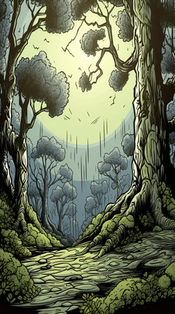 Exotic jungle illustration featuring lush foliage and vibrant wildlife, AI generative wallpaper for social mediaの写真素材