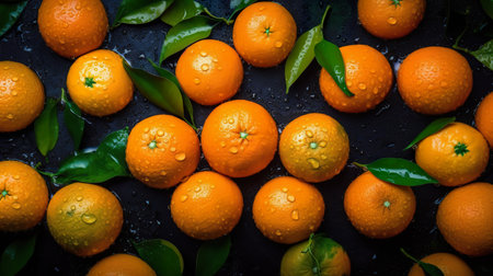 Tangerines on black background, flat lay, top view, AI generativeの素材