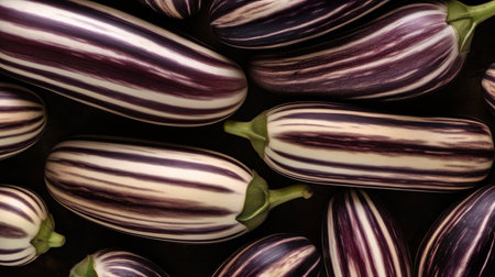 Striped Italian eggplants, flat lay, top view, AI generative food illustrationの素材