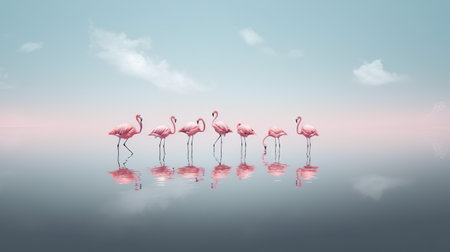 Row of pink flamingo reflected in a lake, AI generative minimal realistic illustrationの素材