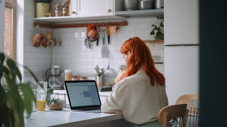 Back view of young woman with ginger hair afro style on kitchen working with laptop, AI generativeの素材