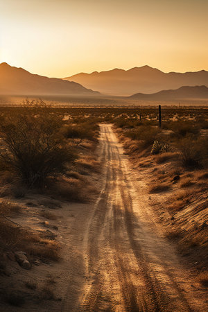 Empty road in the desert with mountains in the background at sunset, AI generativeの素材