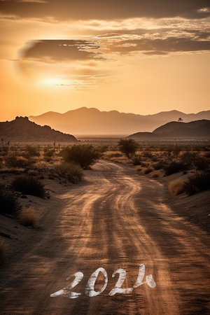 Number 2024 on empty road in the desert with mountains in the background at sunset, AI generative New Year concept imageの素材