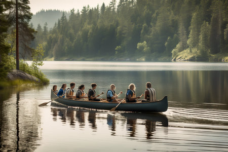Group of teenagers canoeing on a serene lake in the Swedish wilderness, AI generativeの素材