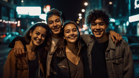 Diverse group of friends, smiling and laughing together, active teenagers on street at night with neon advertisement, AI generativeの素材