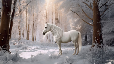White horse in winter forest wonderland with beautiful magic light on glittering snow, AI Generative illustrationの素材