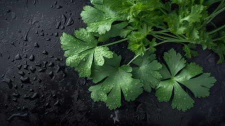 Parsley on black stone, flat lay, top view, AI generativeの素材