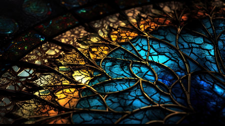 This stunning stained glass artwork features various colors, light and dark, in organic nature-inspired forms with gold leaf and gilding. Its luminous dark cyan and amber, create a captivating effect.の素材