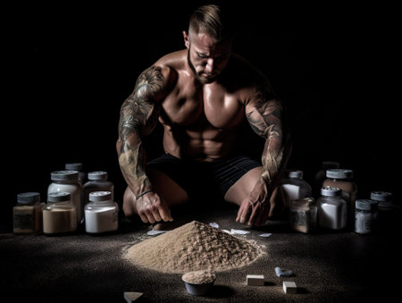 Bodybuilder, weightlifter, strong man with a variety of food supplements neatly arranged, AI generativeの素材