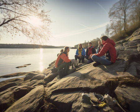 Group of tourists sitting on a rocky shore of a lake in Sweden, drinking coffee and chatting. They have just finished canoe trip and are taking a break to enjoy the scenery, AI generativeの素材
