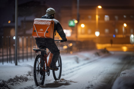 Delivery Man on Bike with Food Box cycling in town in snow, AI Generativeの素材