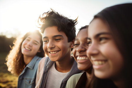 Diverse group of friends, smiling and laughing together, young and active teenagers, AI generativeの素材