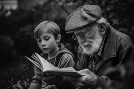 Grandfather is reading a book to his grandson, AI generative black white illustrationの素材